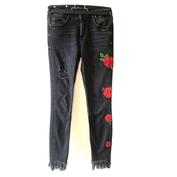 Zara | Trafaluc Denimwear Black Distressed Embroidered Floral Skinny Jeans